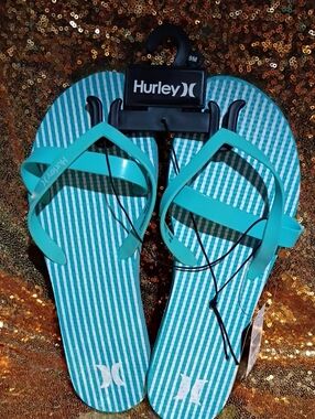 Hurley Teal and White Striped Flip Flops